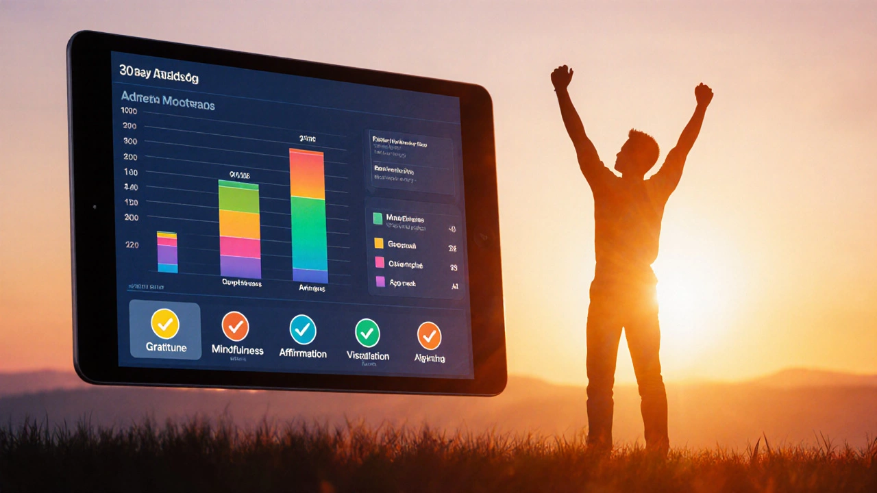 30‑day progress dashboard with rising mood graph and sunrise, showing personal growth.