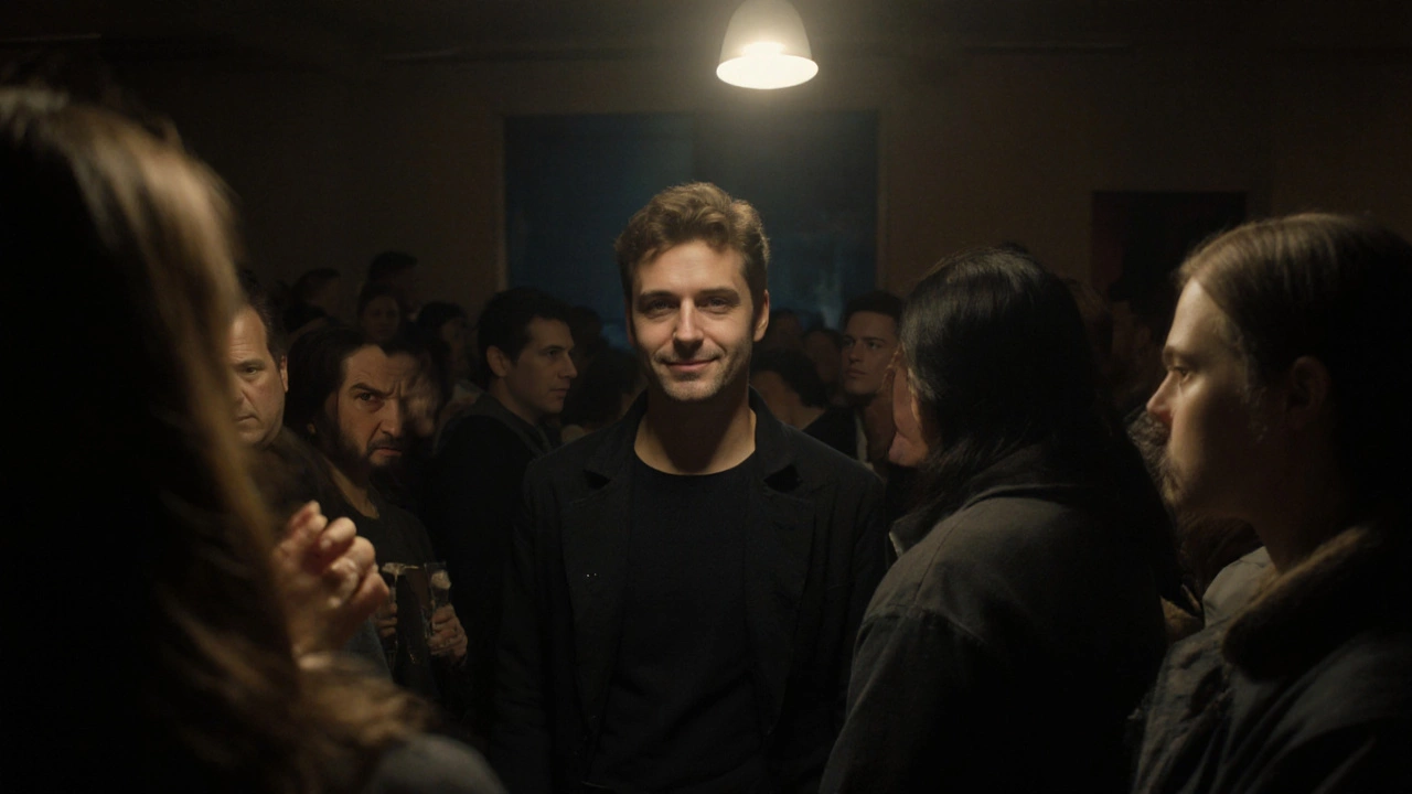 A calm individual standing quietly in a busy room, making eye contact amid chatter.