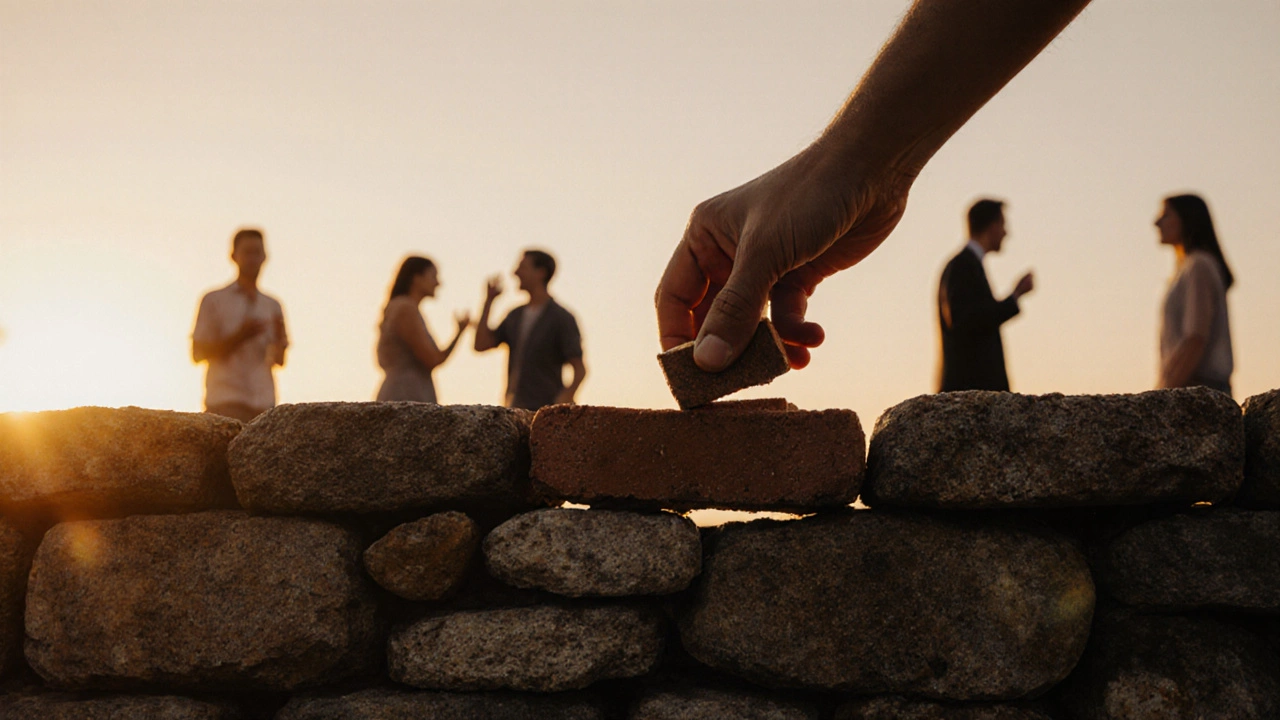 A hand laying a brick into a growing stone wall at sunset, symbolizing personal growth.