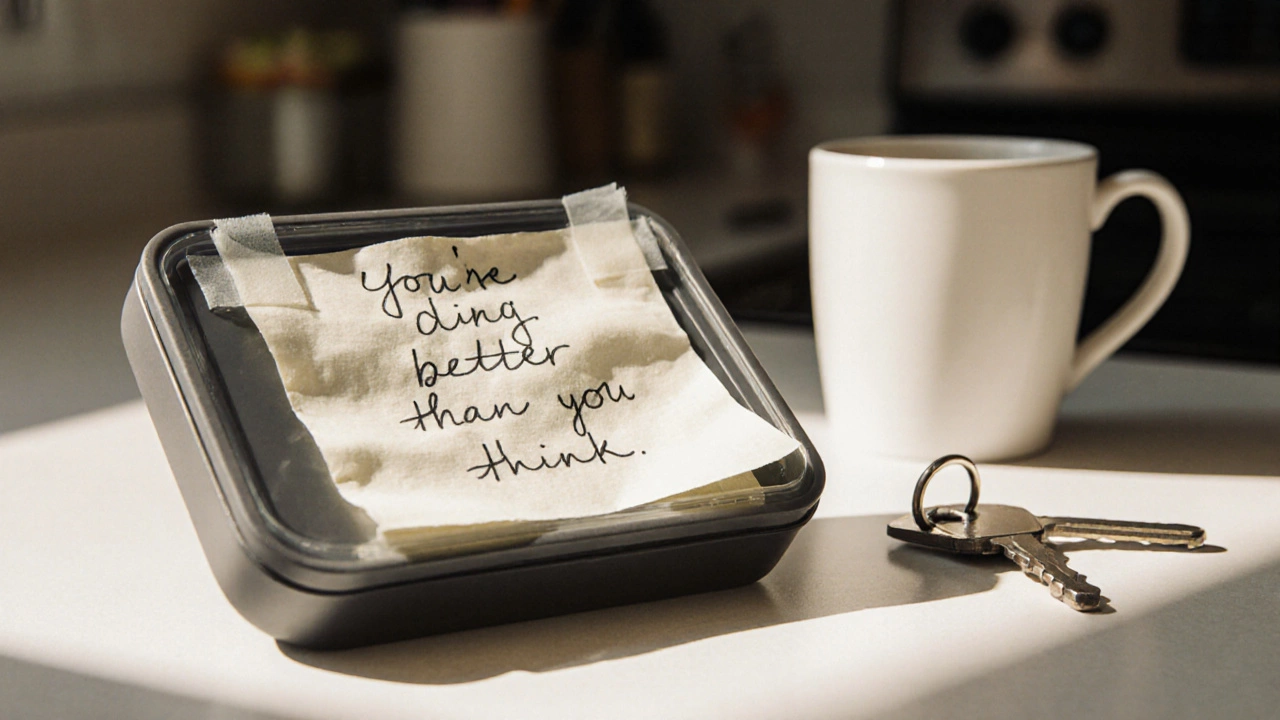 A handwritten note on a lunchbox with a kind message, resting beside a coffee mug in morning light.