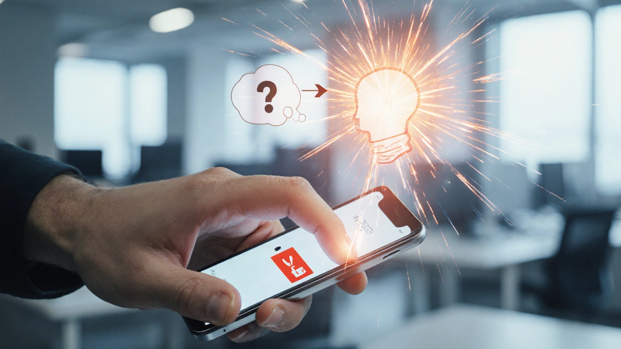 Close‑up of a hand reaching for a phone with a red notification badge and a bright dopamine spark above the head.