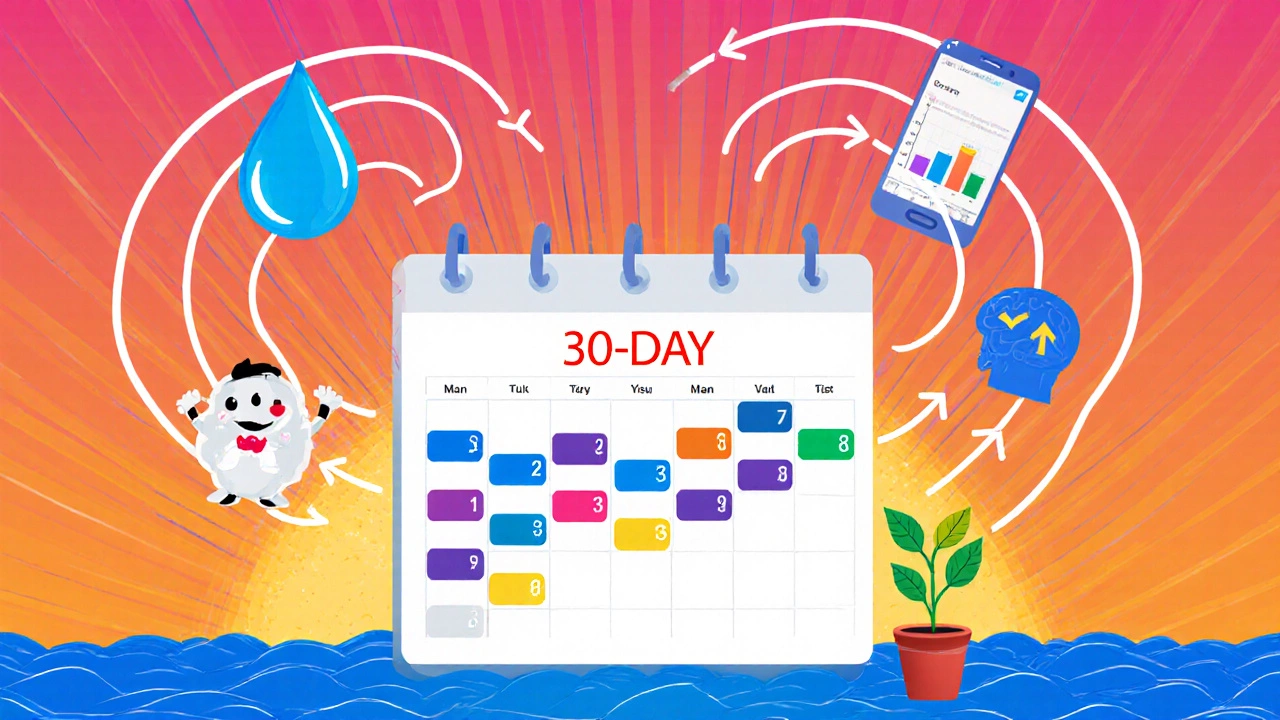 Collage of calendar stickers, habit icons, and growing plant for a 30‑day plan.