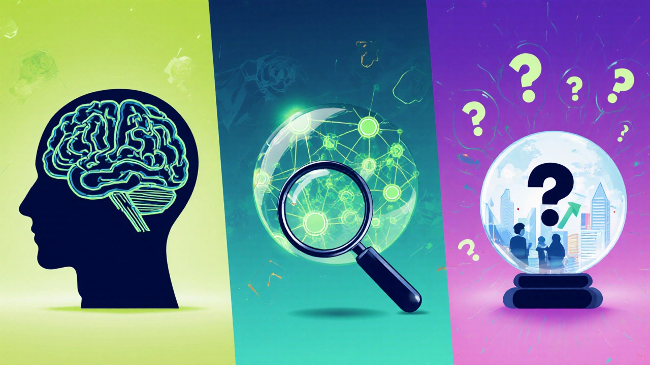 Collage showing brain gears, network nodes, magnifying glass, crystal ball, and curious figure.