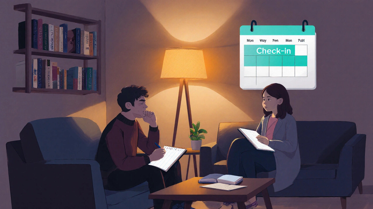 Couple having an evening check‑in with notebooks and a calendar.