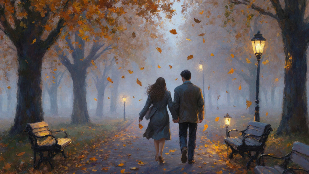 Couple walking hand‑in‑hand through a dusk park, balanced pacing.