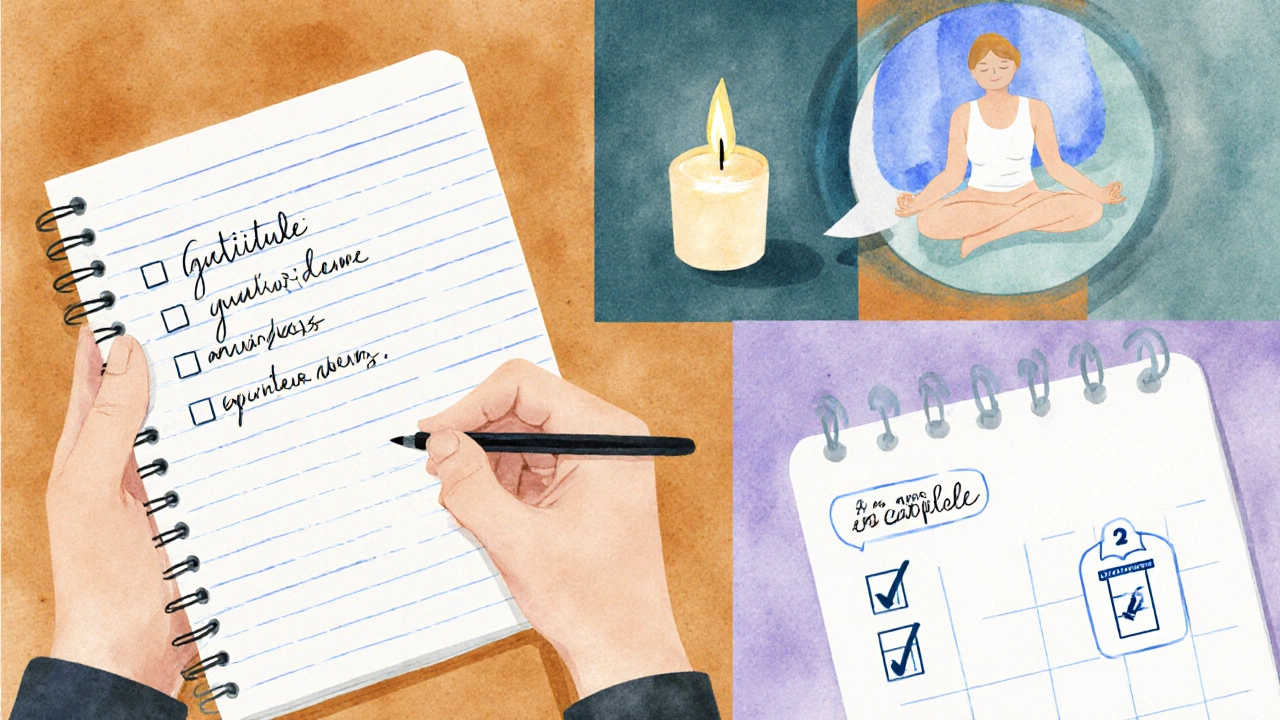 Cozy collage of gratitude journaling, meditation, and affirmation with habit‑stacking icons.