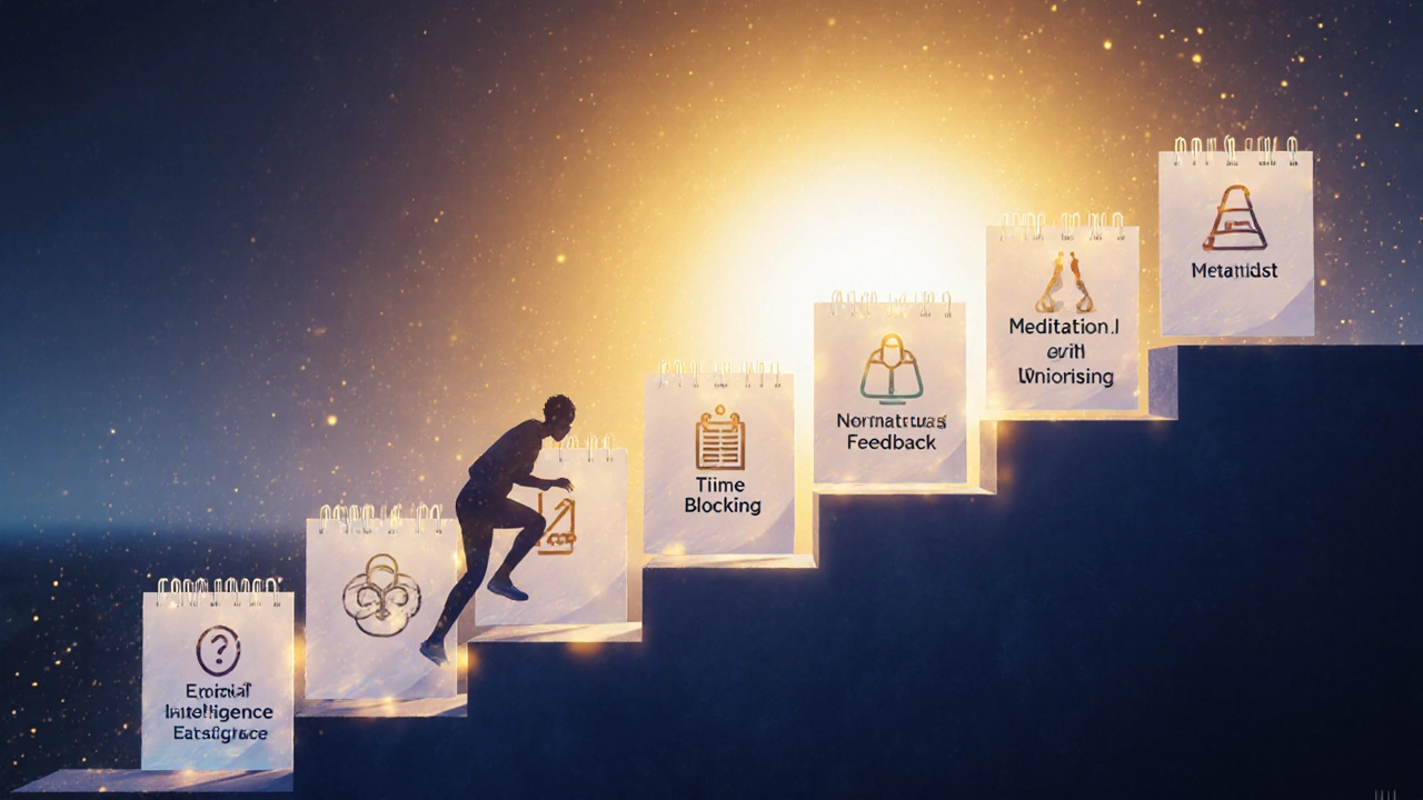 Figure climbing a staircase of calendar pages toward a bright sunrise, each step symbolizing weekly goals.