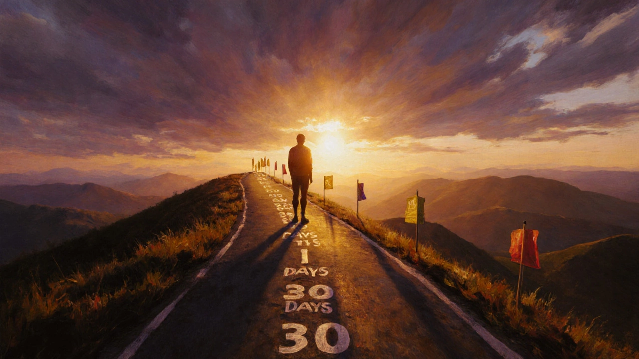 Figure on a hilltop at sunrise, with distant flags marking progress along a winding path.