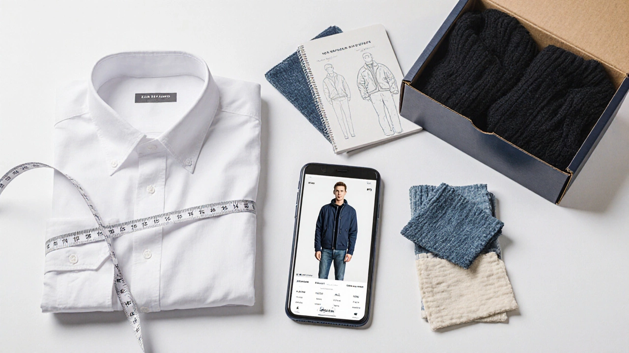 Flat lay of measuring tape, fabric swatches, smartphone AR try‑on, and a return box.
