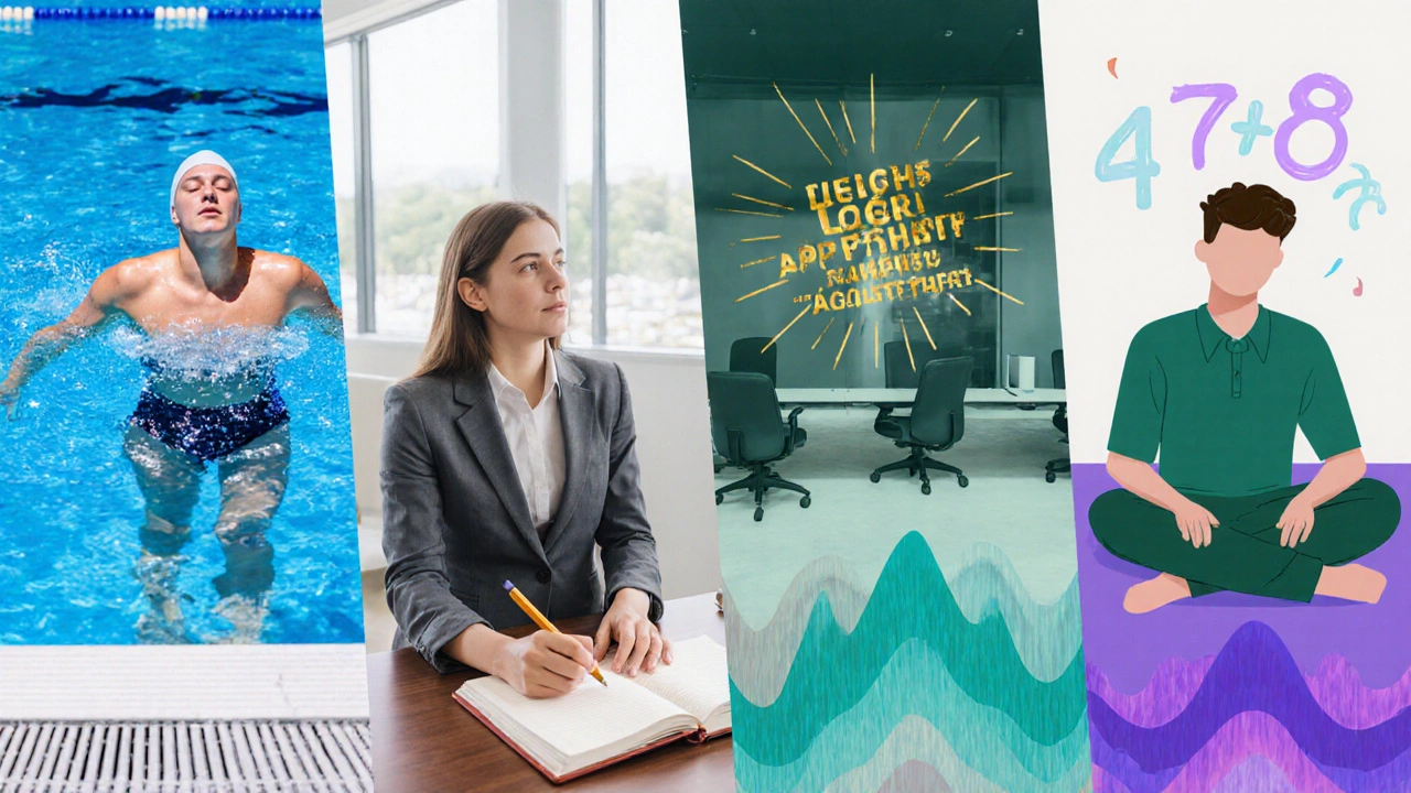 Four-panel illustration of swimming visualization, business affirmation, thought journal, and breathing reset.