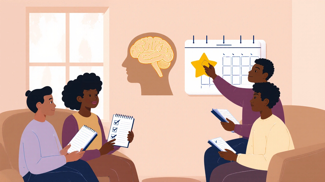 Group in a cozy circle celebrating small achievements, with a glowing brain silhouette in the background.
