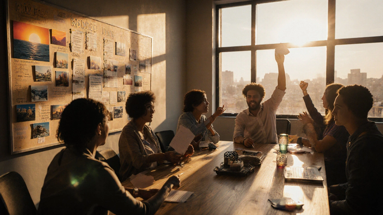 Group of diverse people collaborating around a vision board in a sunny workspace.
