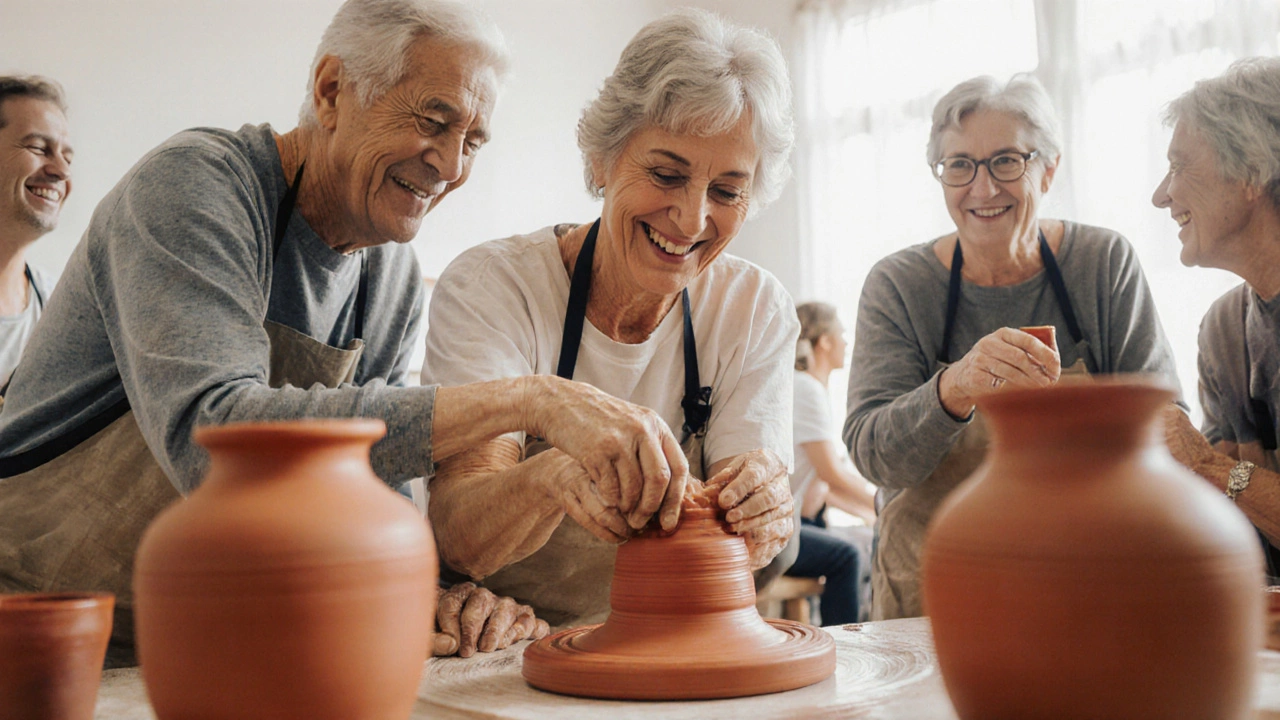 Group pottery class showing participants creating art and connecting socially.