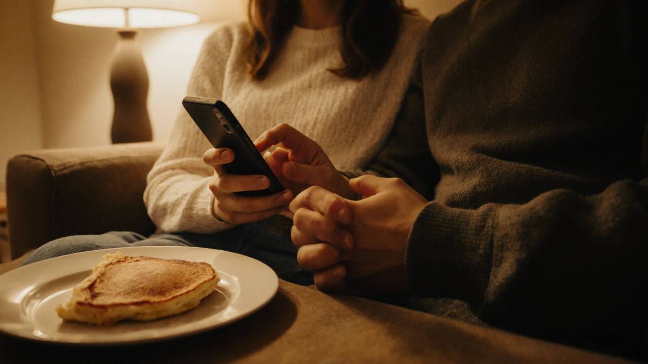 Hands holding on a couch, one person on their phone, yet fingers intertwined in a moment of fragile connection.