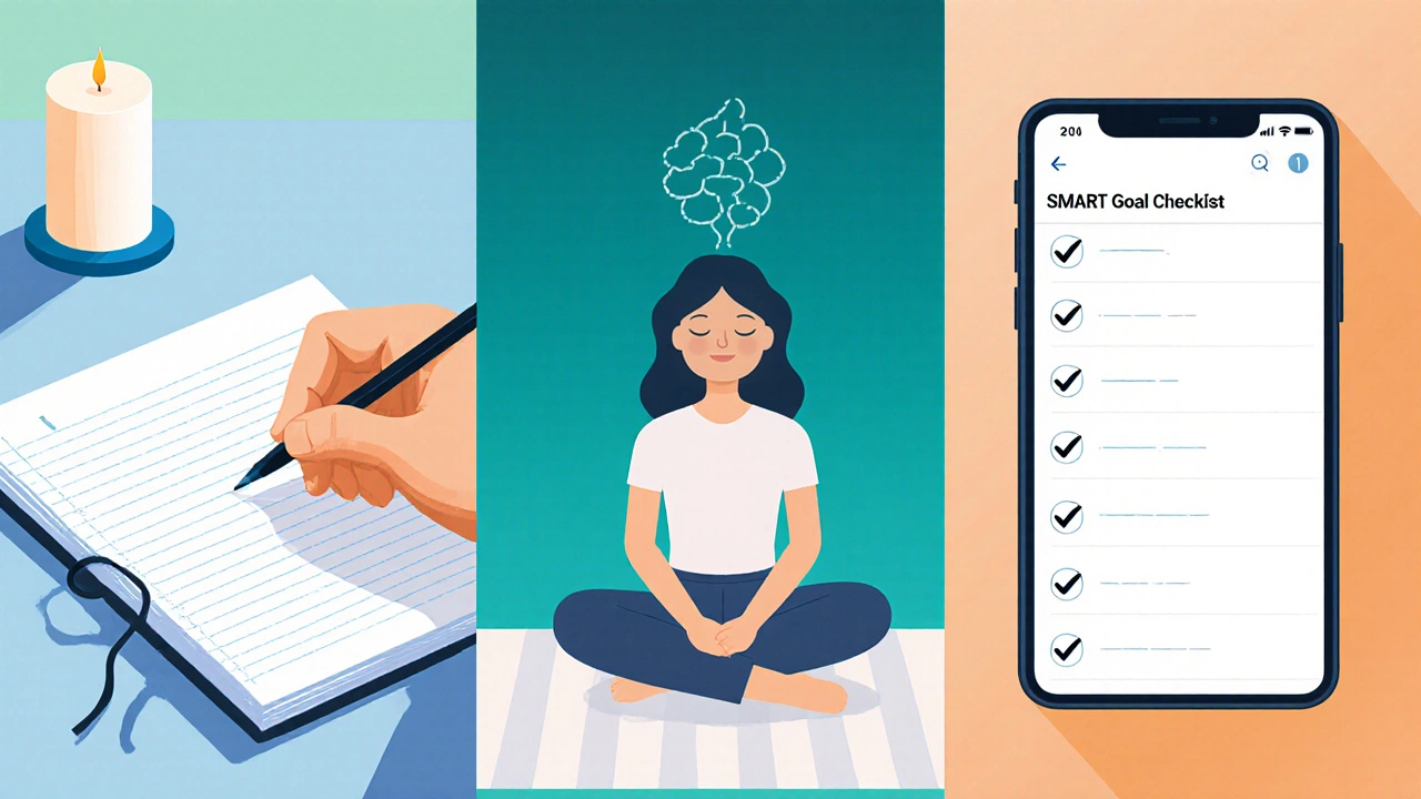 Illustration of journal writing, mindfulness meditation, and SMART goal checklist.