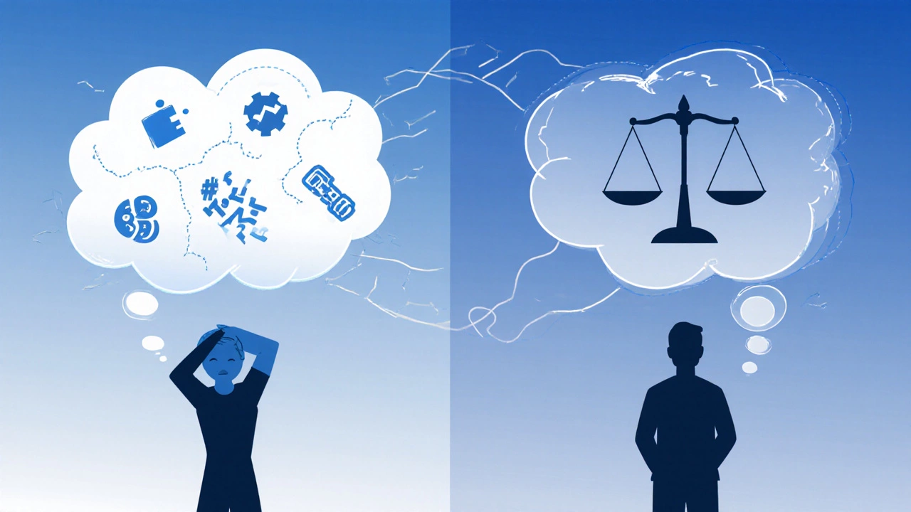 Illustration of negative thought bubble transforming into balanced thought bubble.