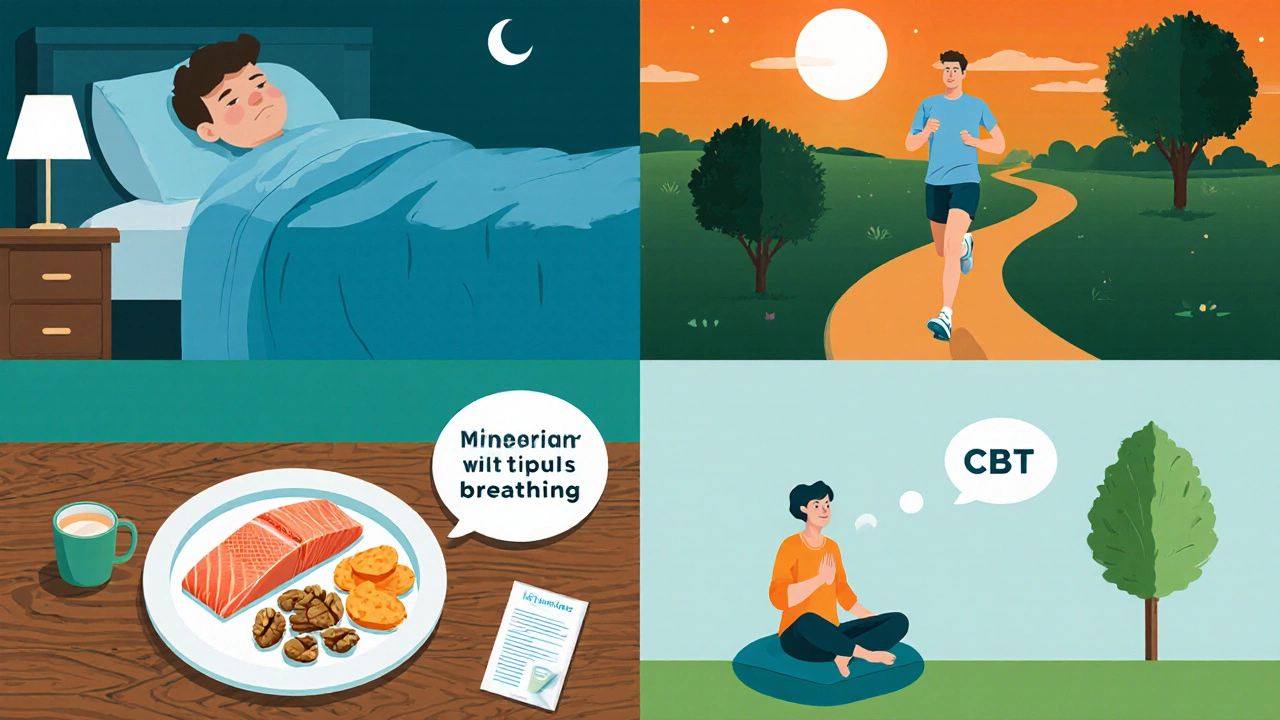 Illustration showing sleep, walking, healthy food, and mindfulness practice in four colorful quadrants.