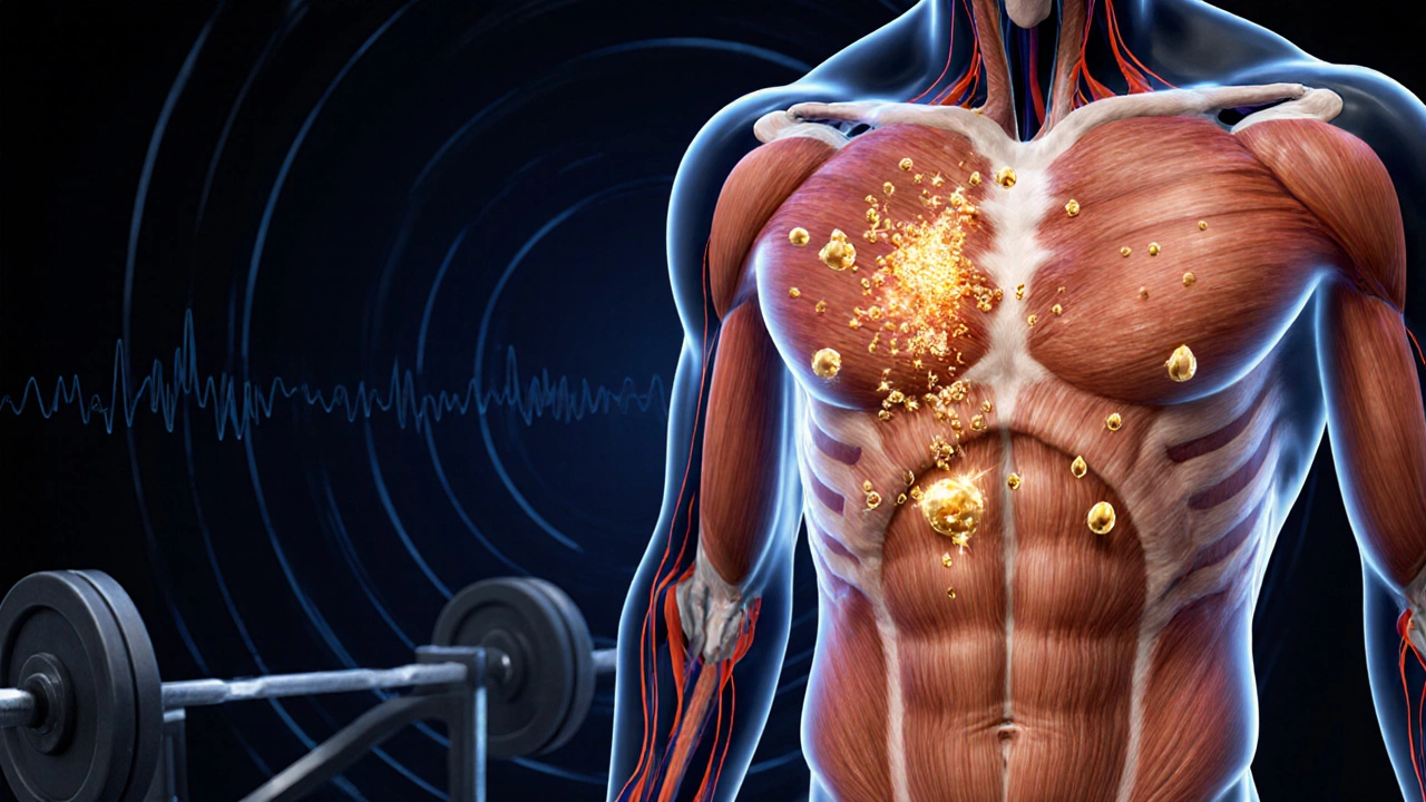 Inside a sleeping body, growth hormone droplets repair muscle fibers beside a faint bench press.