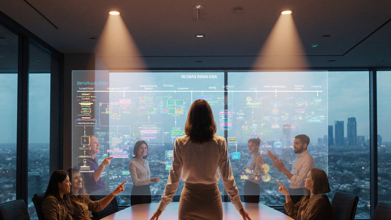Jane presents a holographic project timeline to an engaged team in a modern room.
