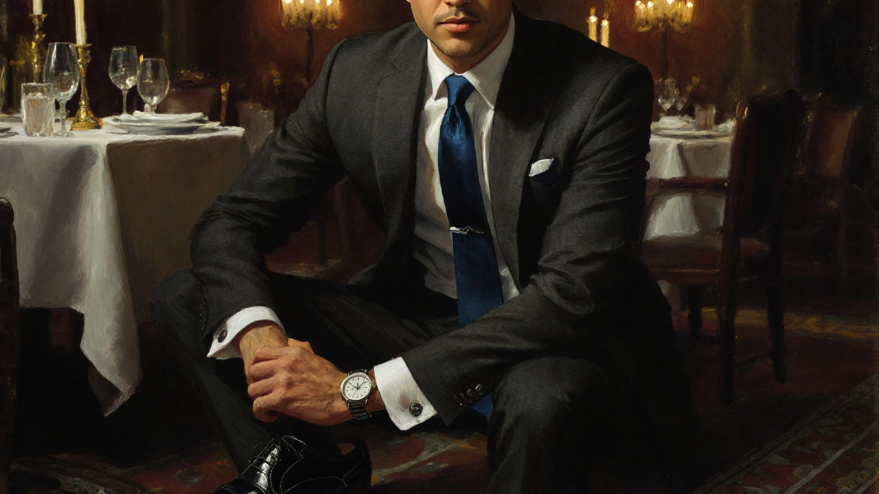 Man at a dinner table in a charcoal suit, white shirt, navy tie, black Oxfords, and silver watch.