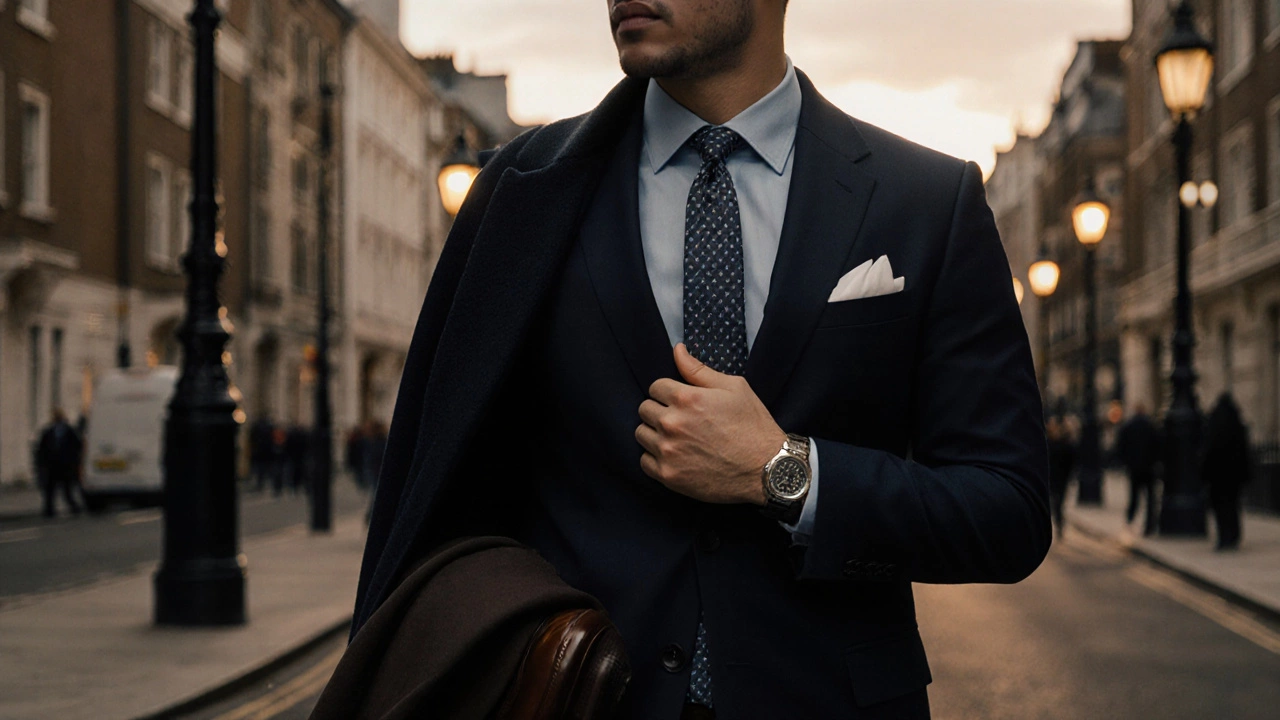 Man wearing navy blazer, light‑blue shirt, tie, pocket square and overcoat on a dusk street.