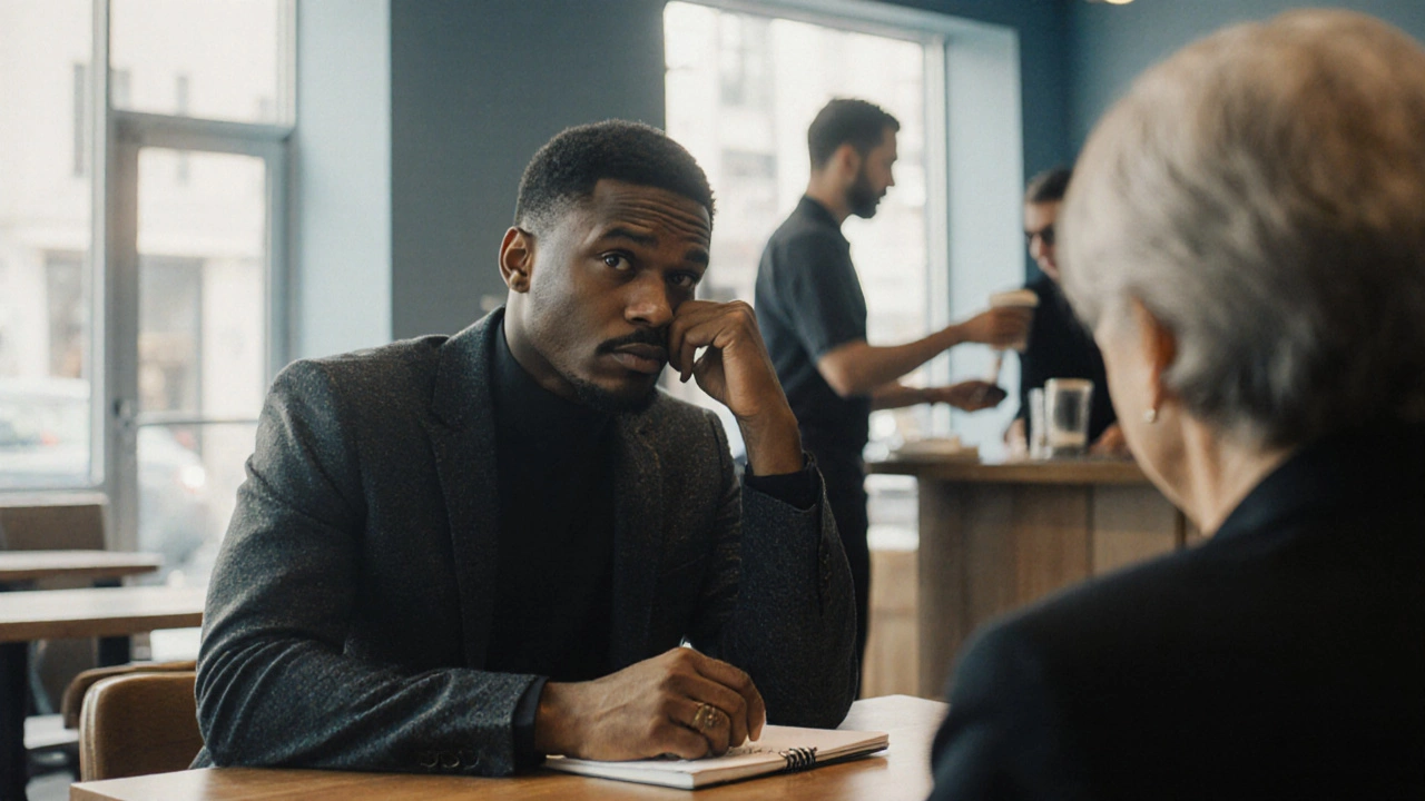 Modern man listening attentively in a coffee shop, showing courtesy.