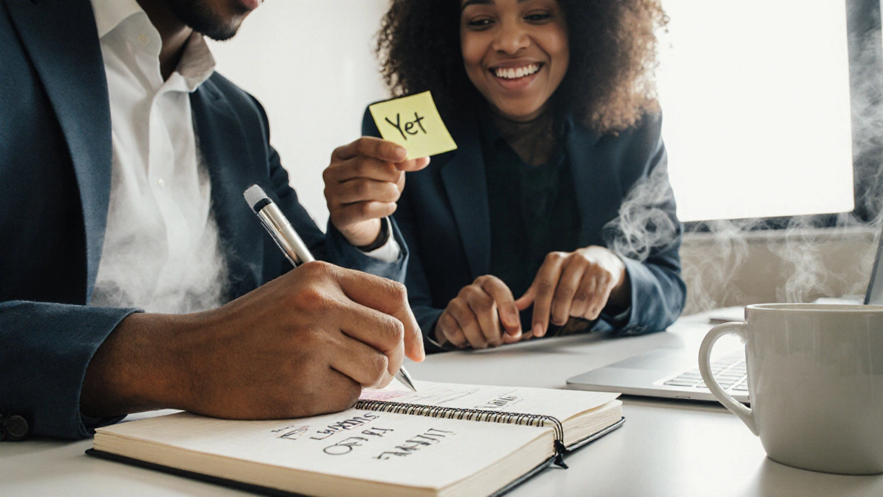 Office worker writing in a journal while a colleague gives feedback, emphasizing growth habits.