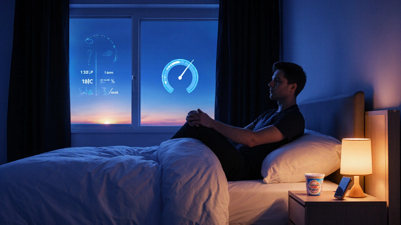 Optimized bedroom routine with cool temperature, amber light, protein snack, and sunrise.