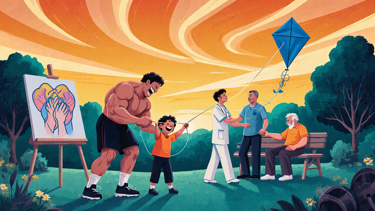 Park scene depicts men of different roles showing support and kindness at sunset.