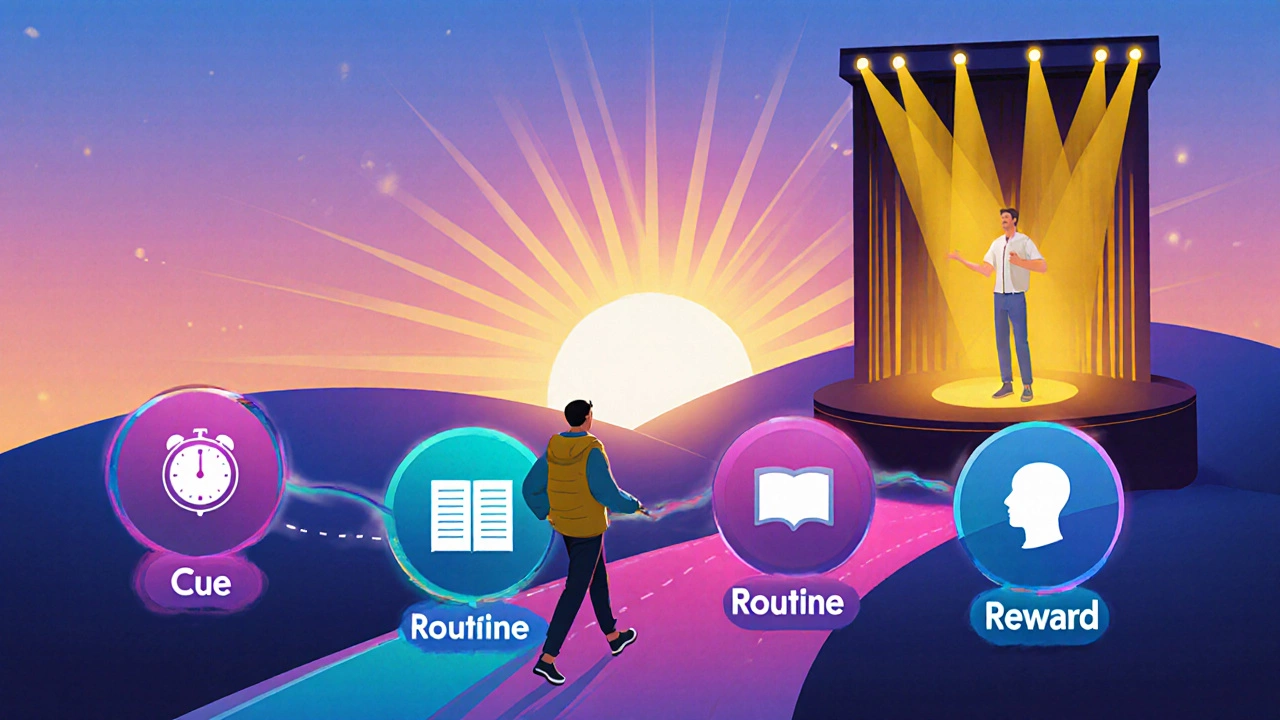 Pathway showing cue‑routine‑reward loop leading to a confident stage presentation.