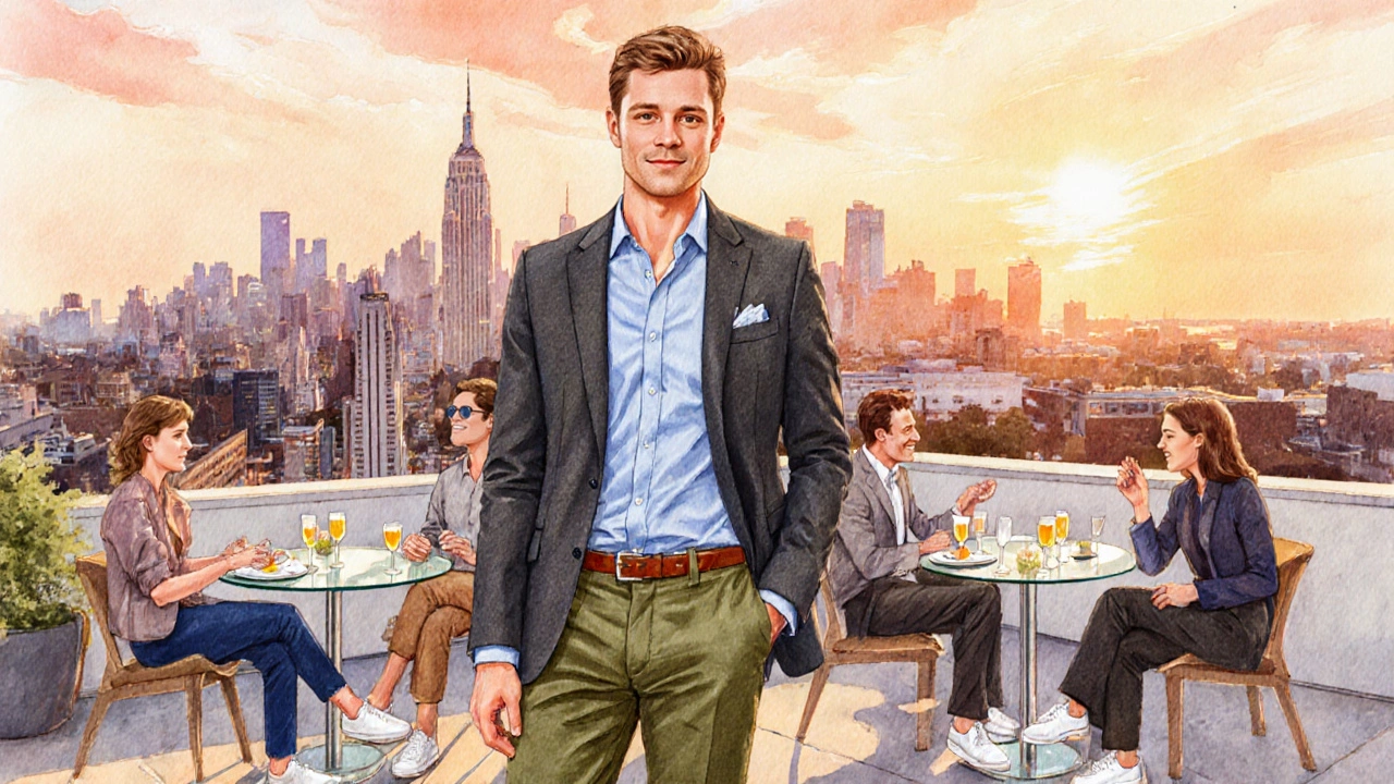 Rooftop brunch scene with a man in charcoal blazer, light blue shirt, olive chinos and white sneakers.