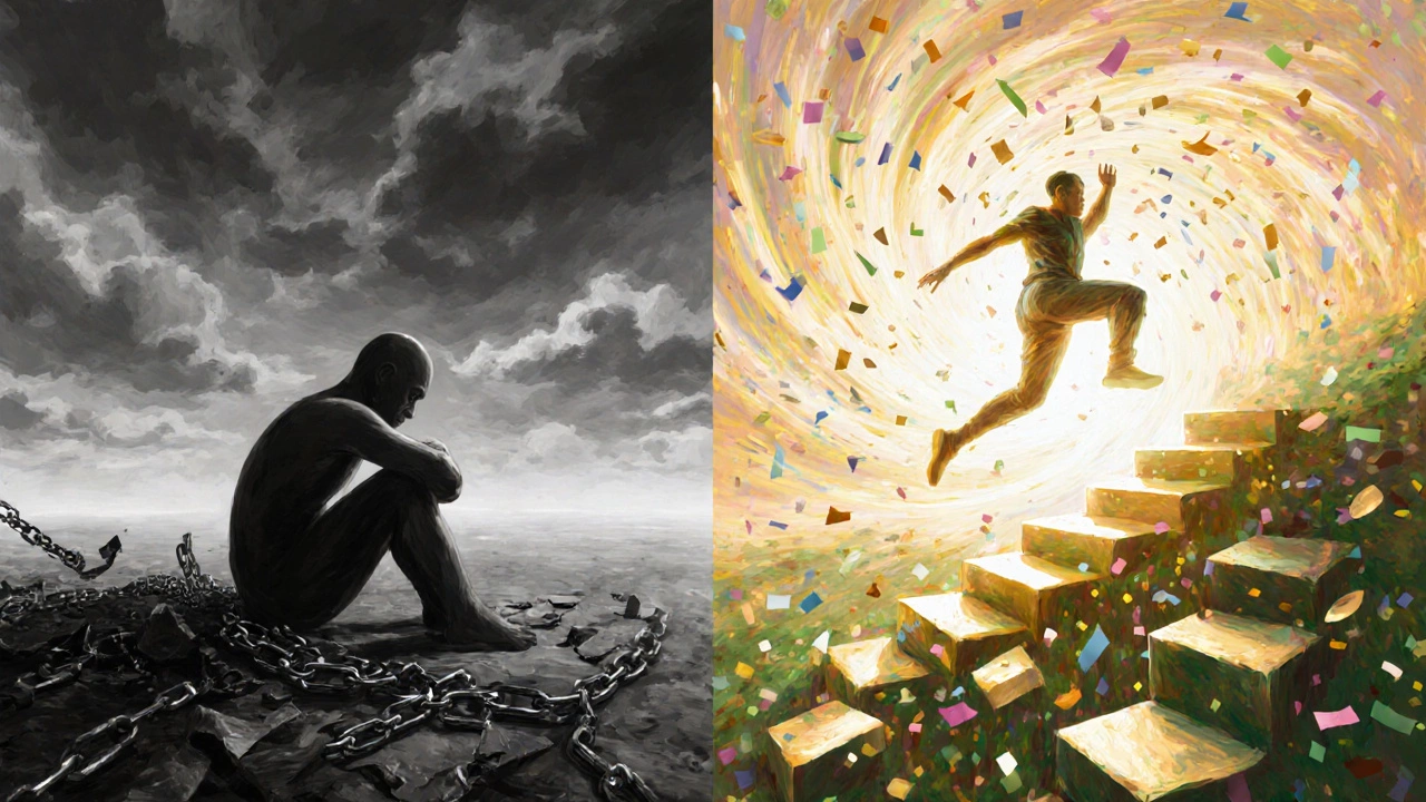Split scene showing a fixed‑mindset figure in darkness and a growth‑mindset figure celebrating progress.