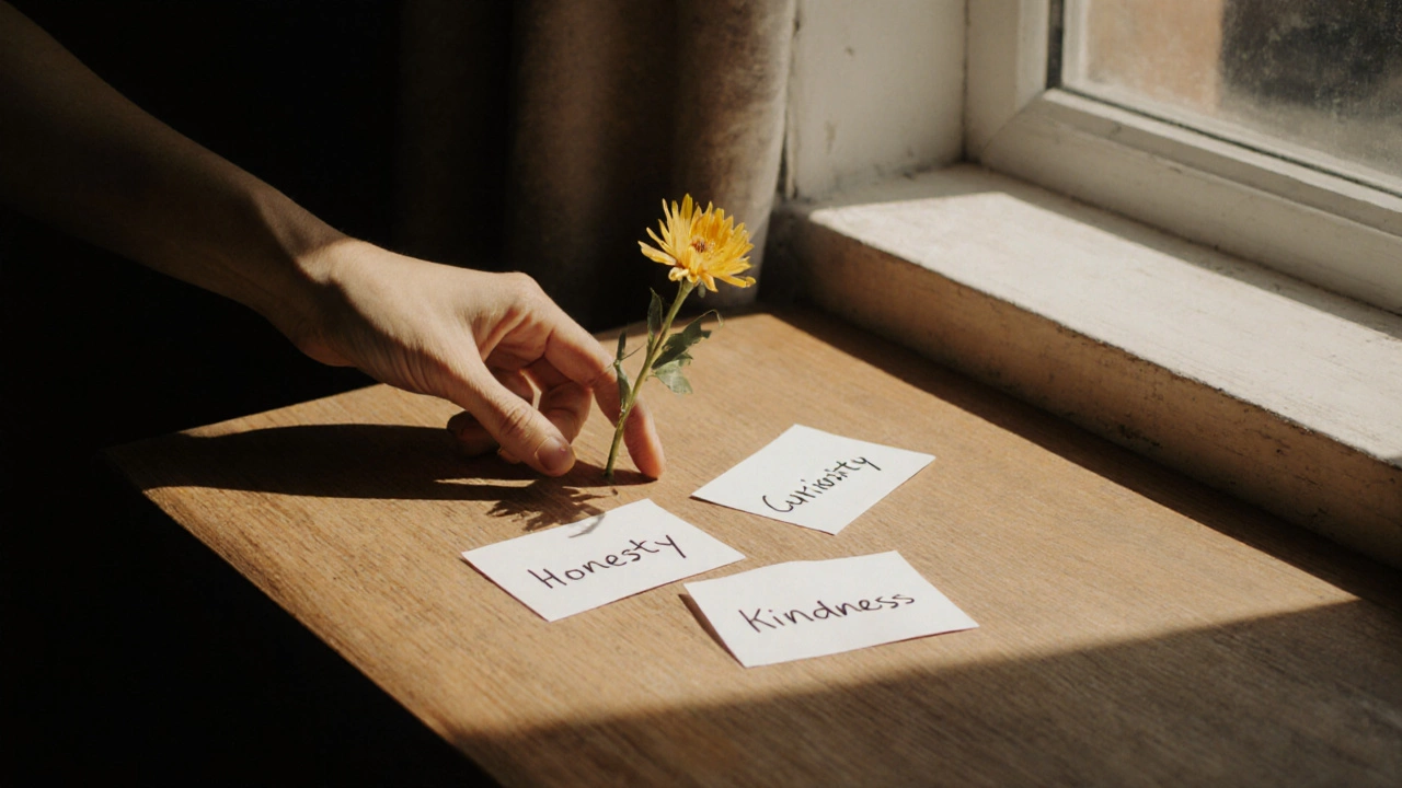 Three handwritten value words on paper beside a single flower on a wooden table.