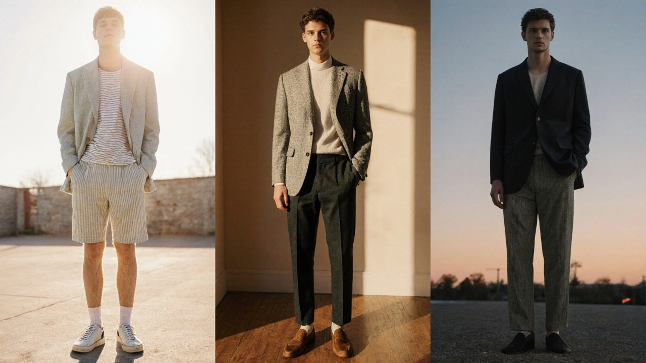 Three panels showing summer, winter, and spring formal‑casual outfits with seasonal fabrics and shoes.