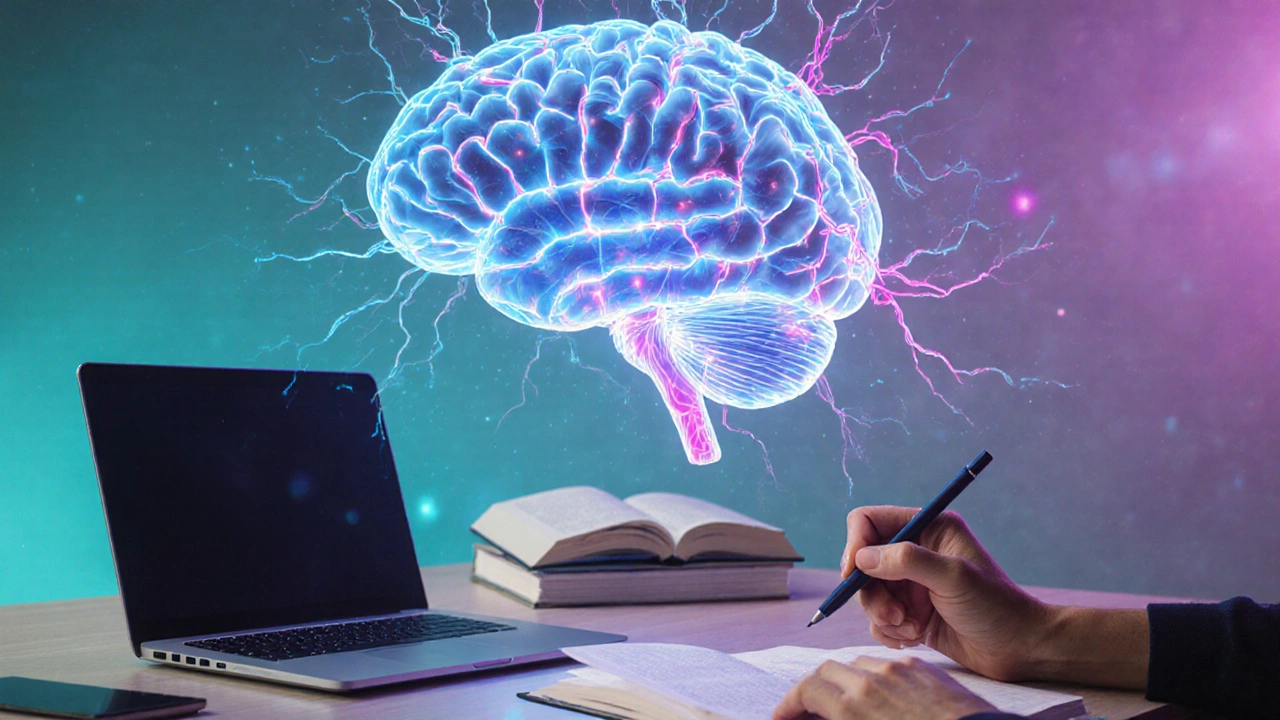 Transparent brain with glowing neural pathways illustrating neuroplasticity over a desk with study tools.