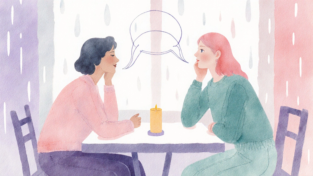 Two people deeply listening to each other in a pastel‑toned café setting.
