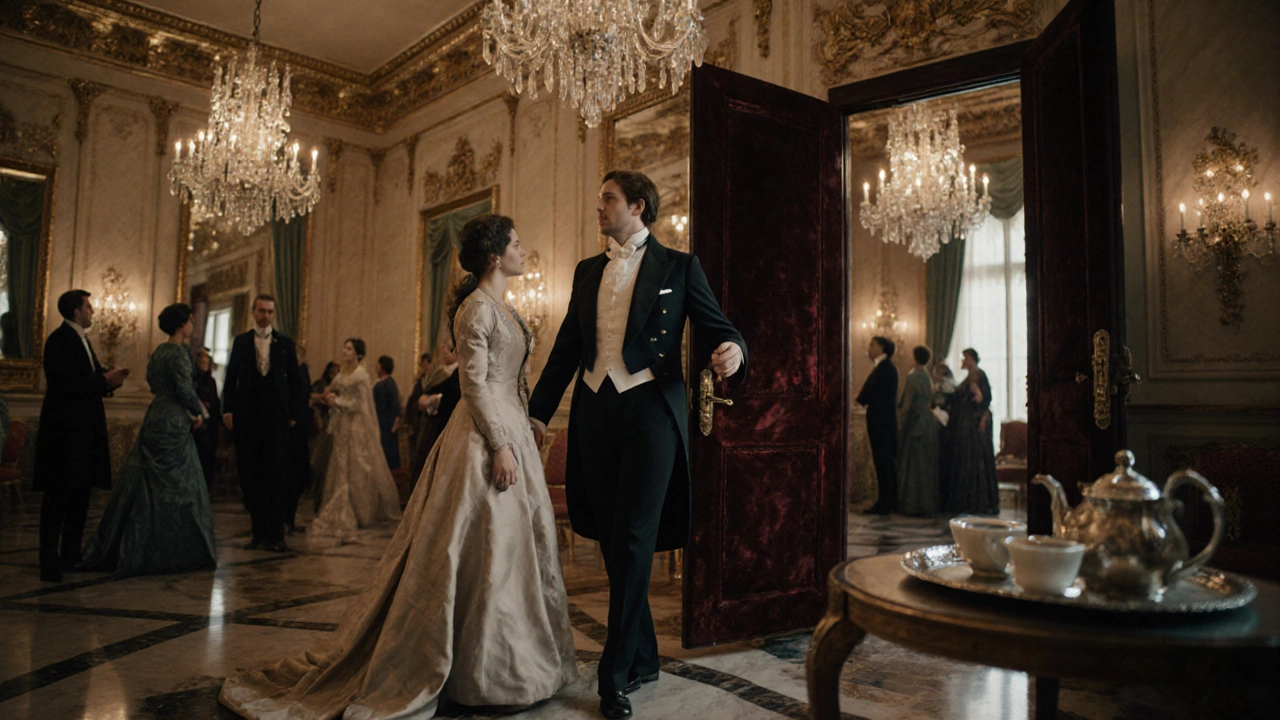 Victorian gentleman opening a ballroom door for a lady under chandelier light.