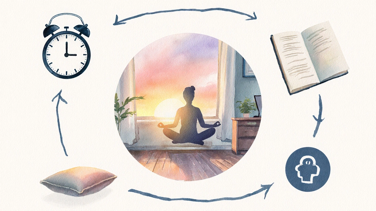 Watercolor montage of a 15‑minute morning routine with meditation, journaling, and visualization.
