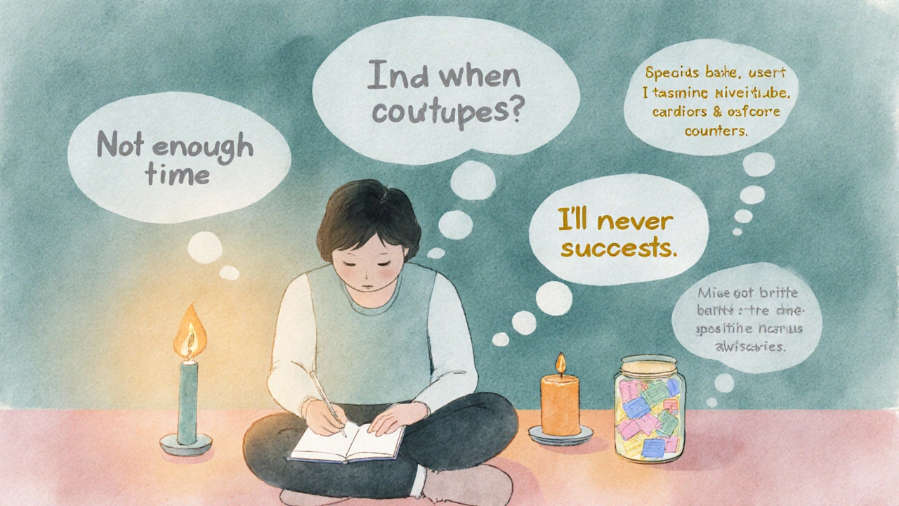 Watercolor of a person journaling, with scarcity thoughts replaced by positive ones.