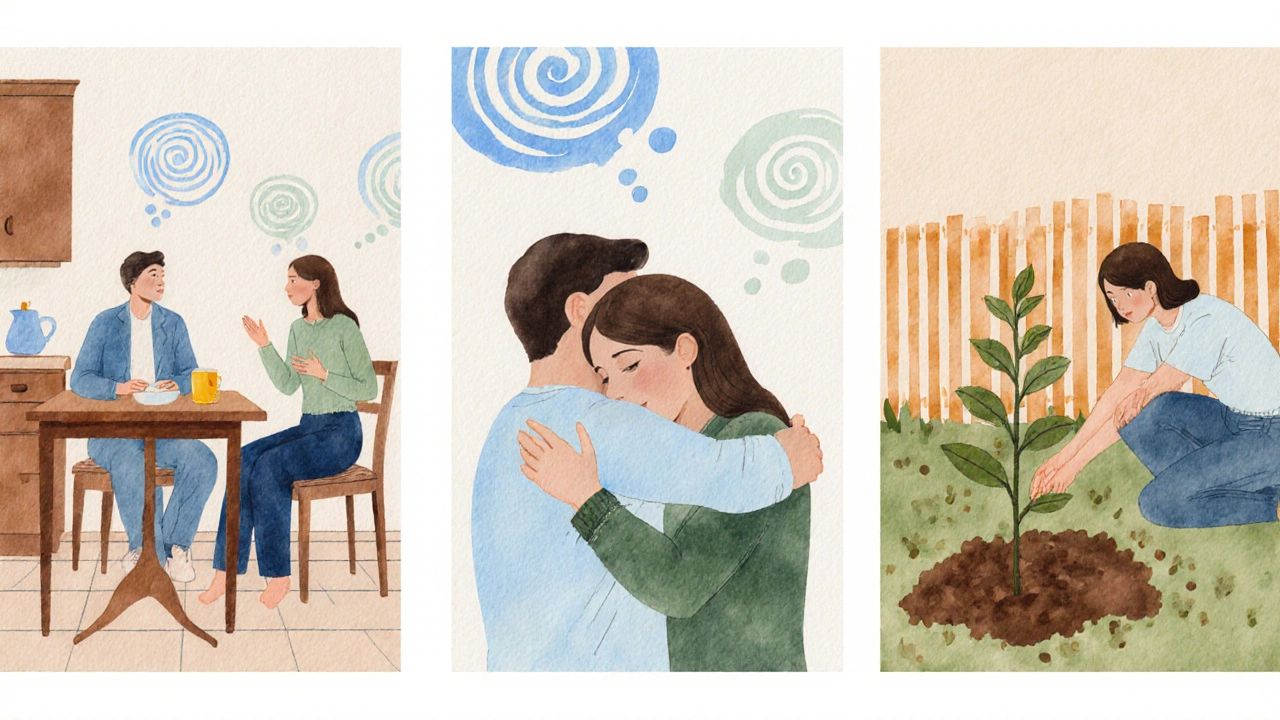 Watercolor vignettes showing conversation, comforting hug, and planting together.