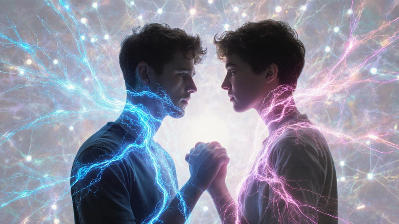 Young couple with colorful dopamine and oxytocin streams between them.