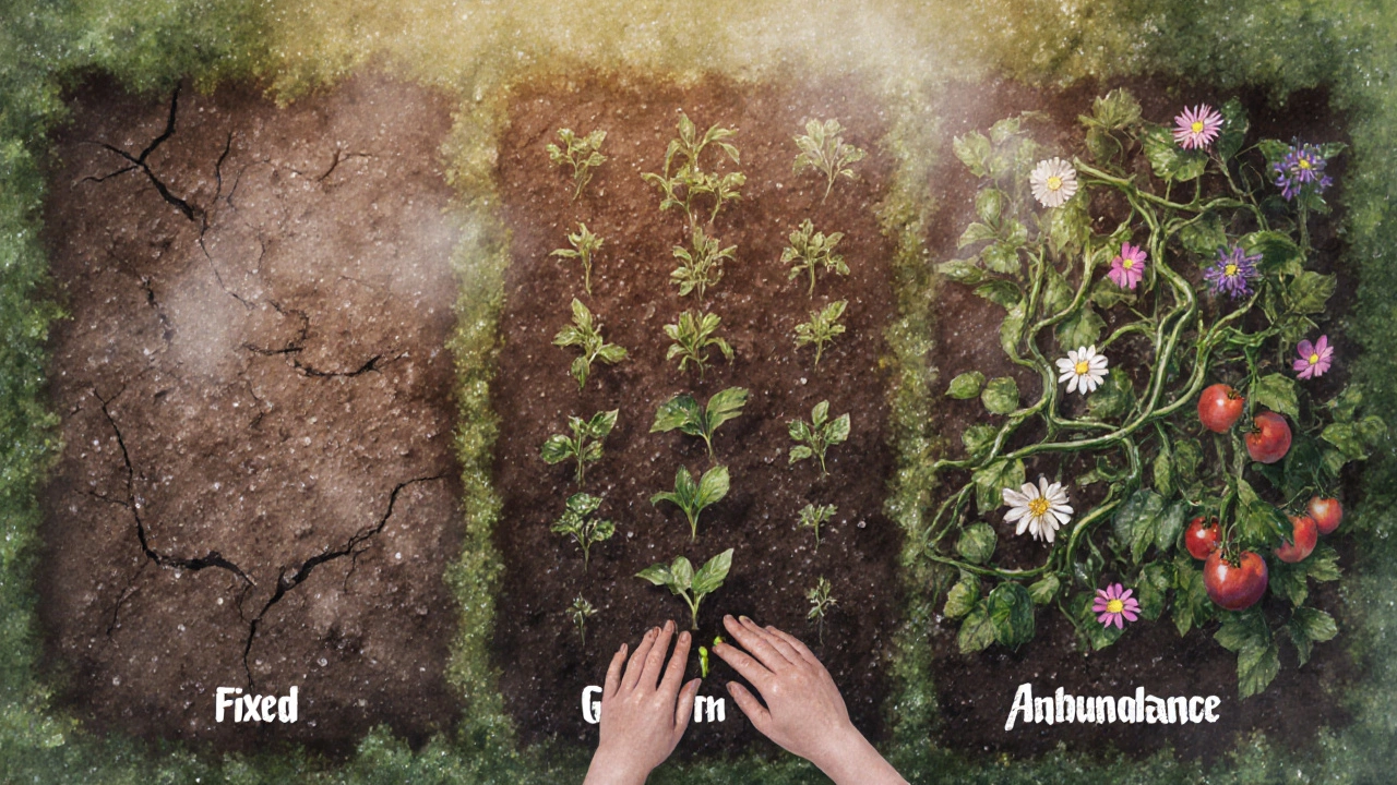 A garden with three soil areas showing barren, growing, and shared flourishing plants.