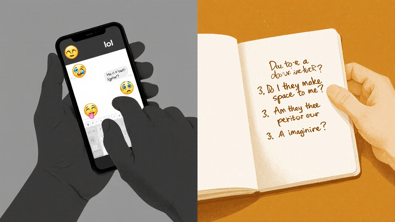 A hand typing a vague text on one side, writing reflective questions on a notebook on the other.