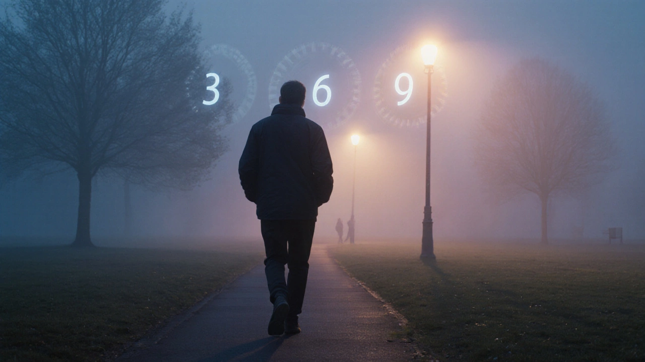 A lone person walking in a misty park at dusk, with faint timestamps fading into the fog.