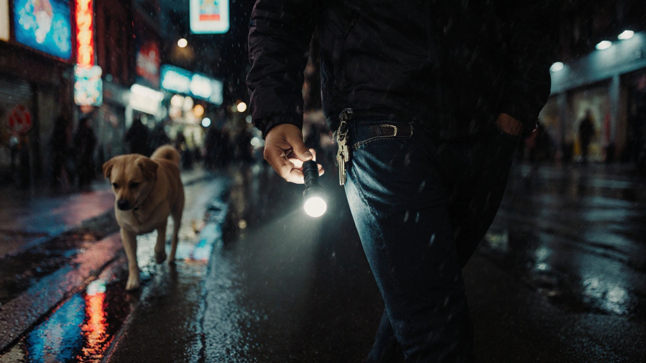 A man walking his dog in the rain at night, using a small flashlight to light his path in a city street.