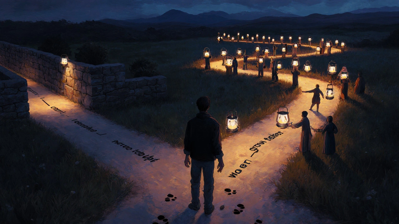 A person choosing a path lit by shared lanterns, symbolizing growth and abundance.