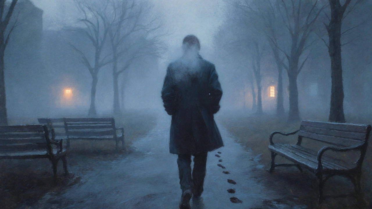 A solitary walker moves through a misty park at dawn, surrounded by quiet solitude.