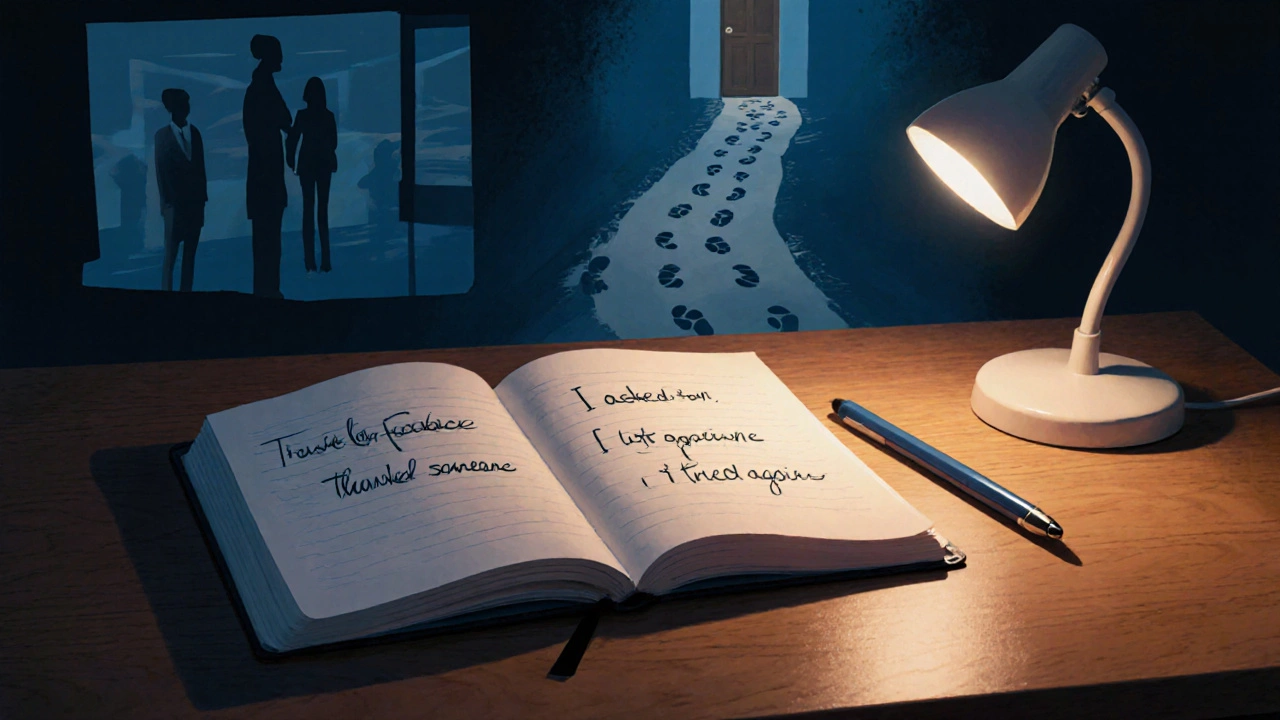 An open journal with handwritten wins glowing softly under a desk lamp at night.