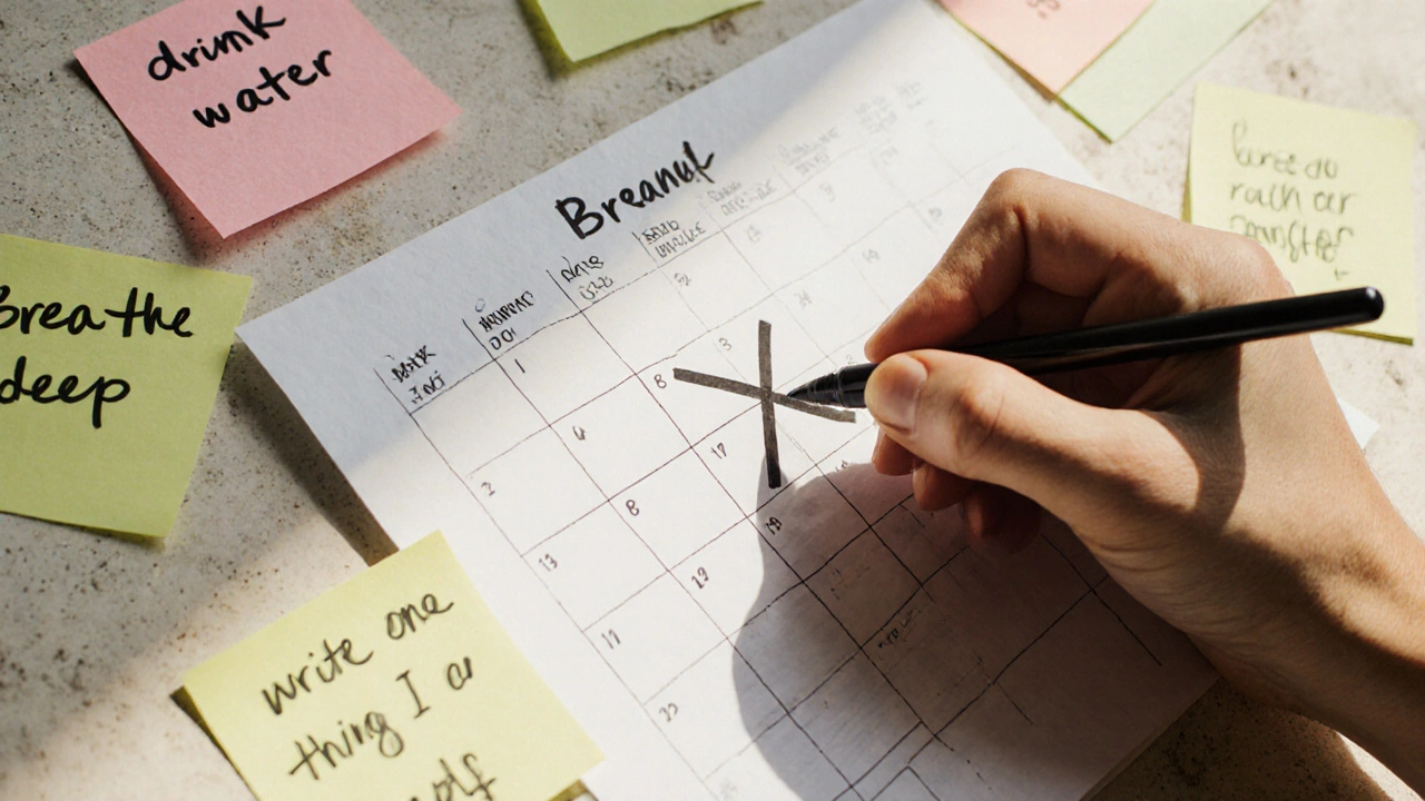 Hand marking an X on a habit tracker with sticky notes listing small daily actions.