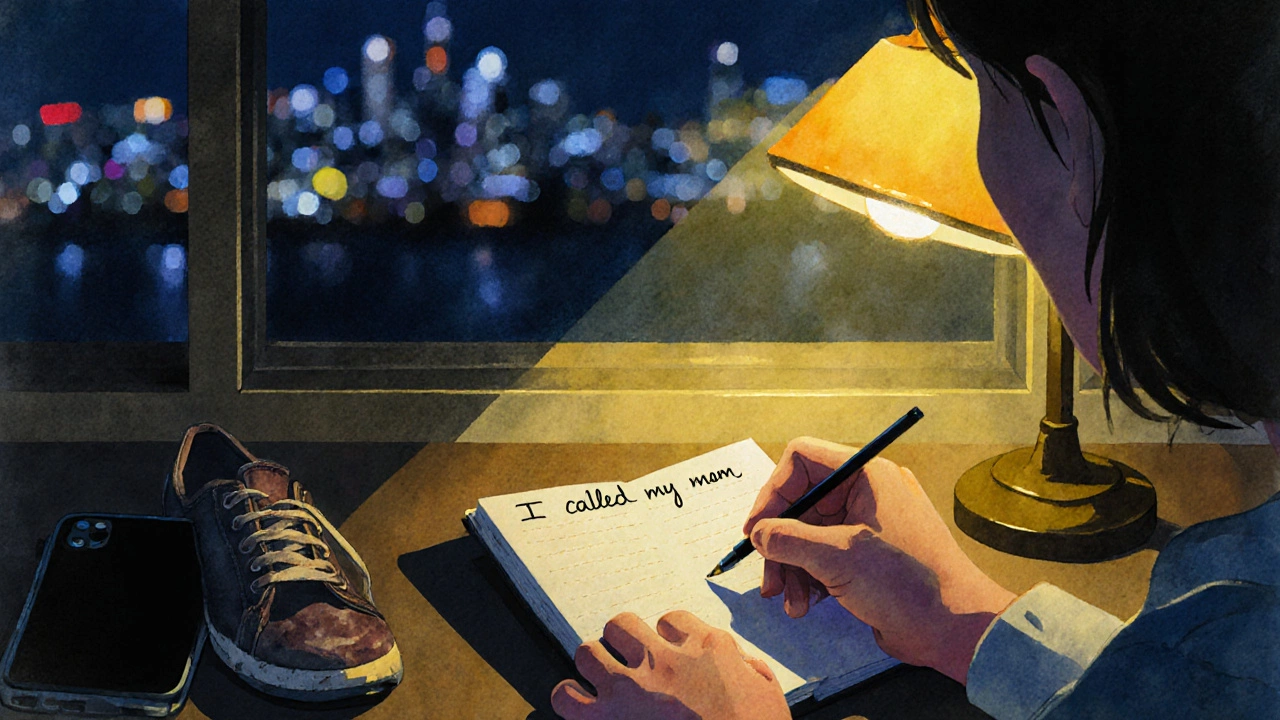 Hand writing in a notebook at night, lamplight glowing, sneakers and phone nearby.